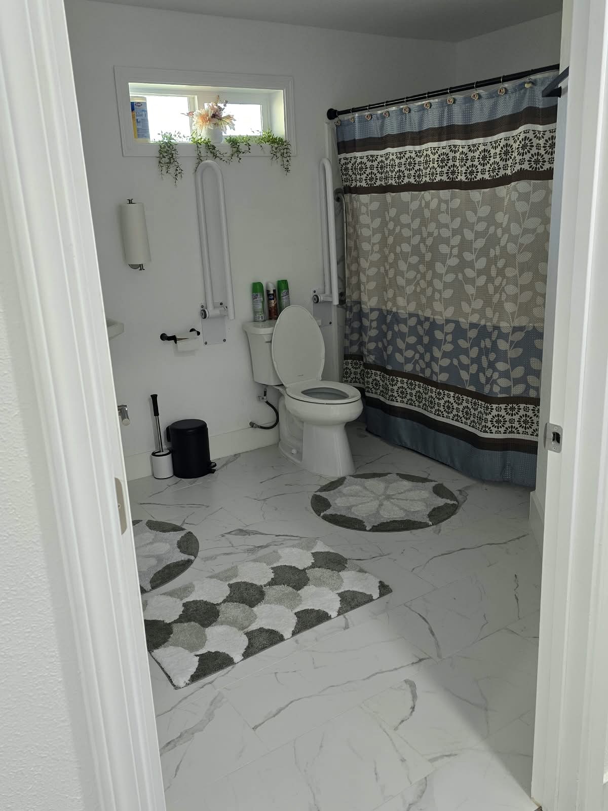Tevah bathroom with grab bars and a shower curtain